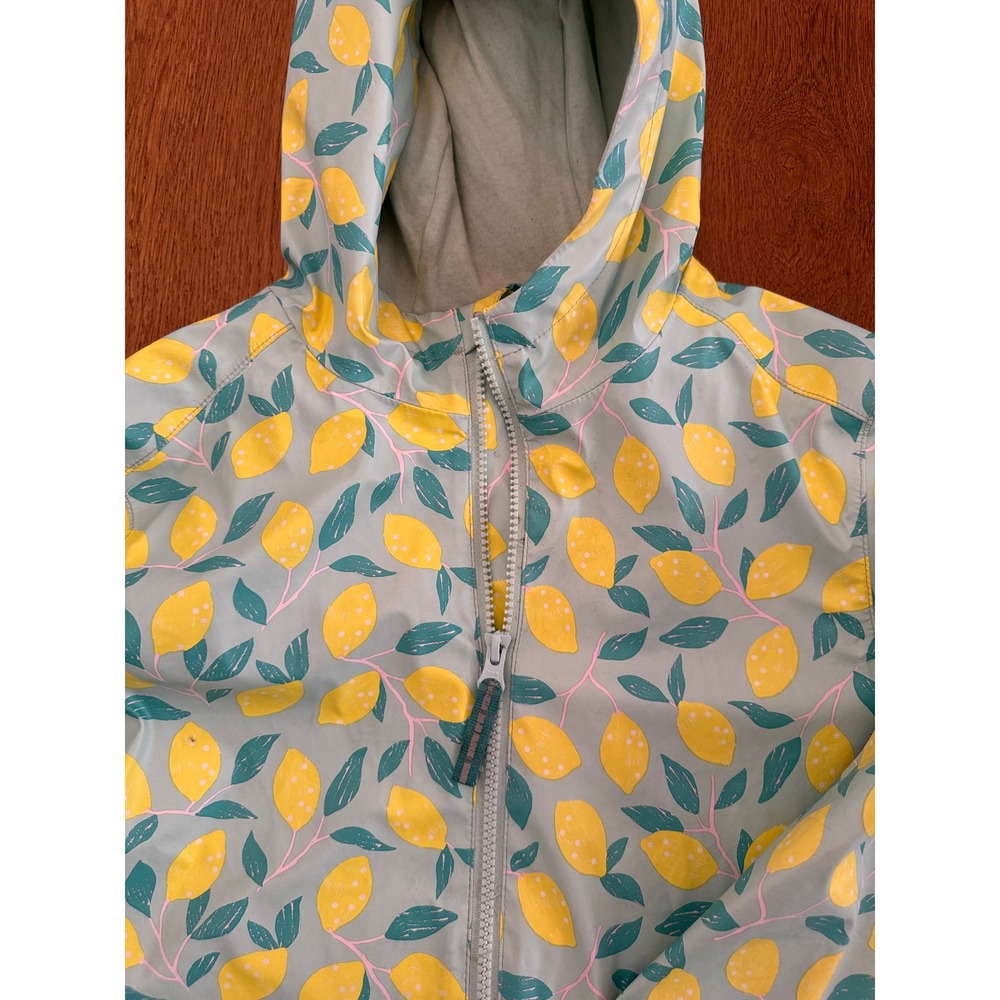 Cat & Jack Rain Jacket Girls 10/12 Yellow Lemon Print Hooded Waterproof Coat L